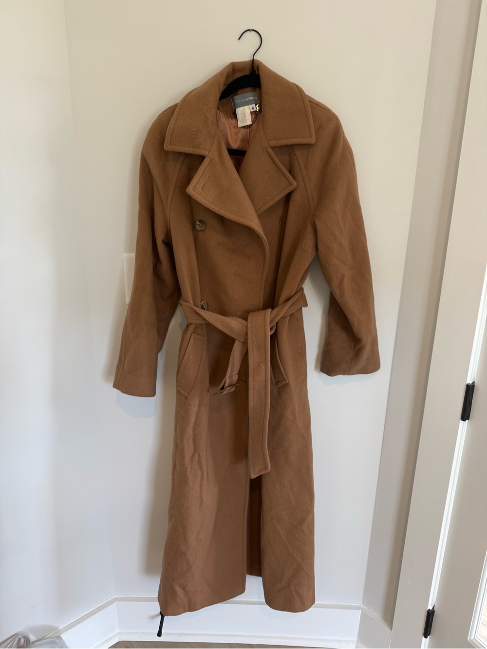 Long Camel Belted Pea Coat - Unbranded